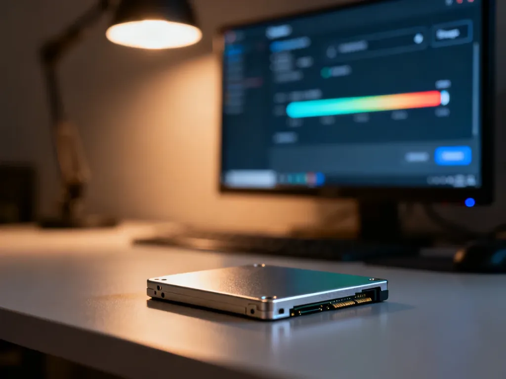 Dysk SSD leżący na biurku na tle monitora z widocznymi ustawieniami pamięci systemu Windows 11.