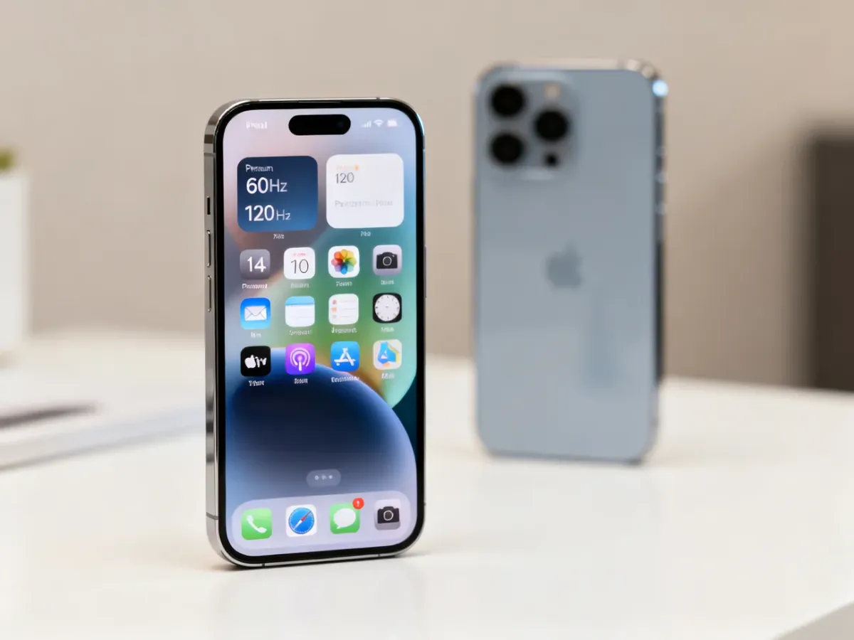 Standardowy smartfon iPhone 14 na tle sugerującym porównanie z modelem Pro