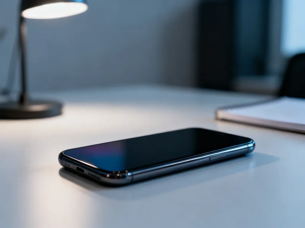 iPhone 13 Pro leżący na nowoczesnym biurku w minimalistycznym otoczeniu.