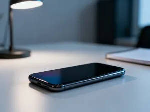 Nowoczesny smartfon z futurystycznym interfejsem systemu operacyjnego na minimalistycznym biurku.