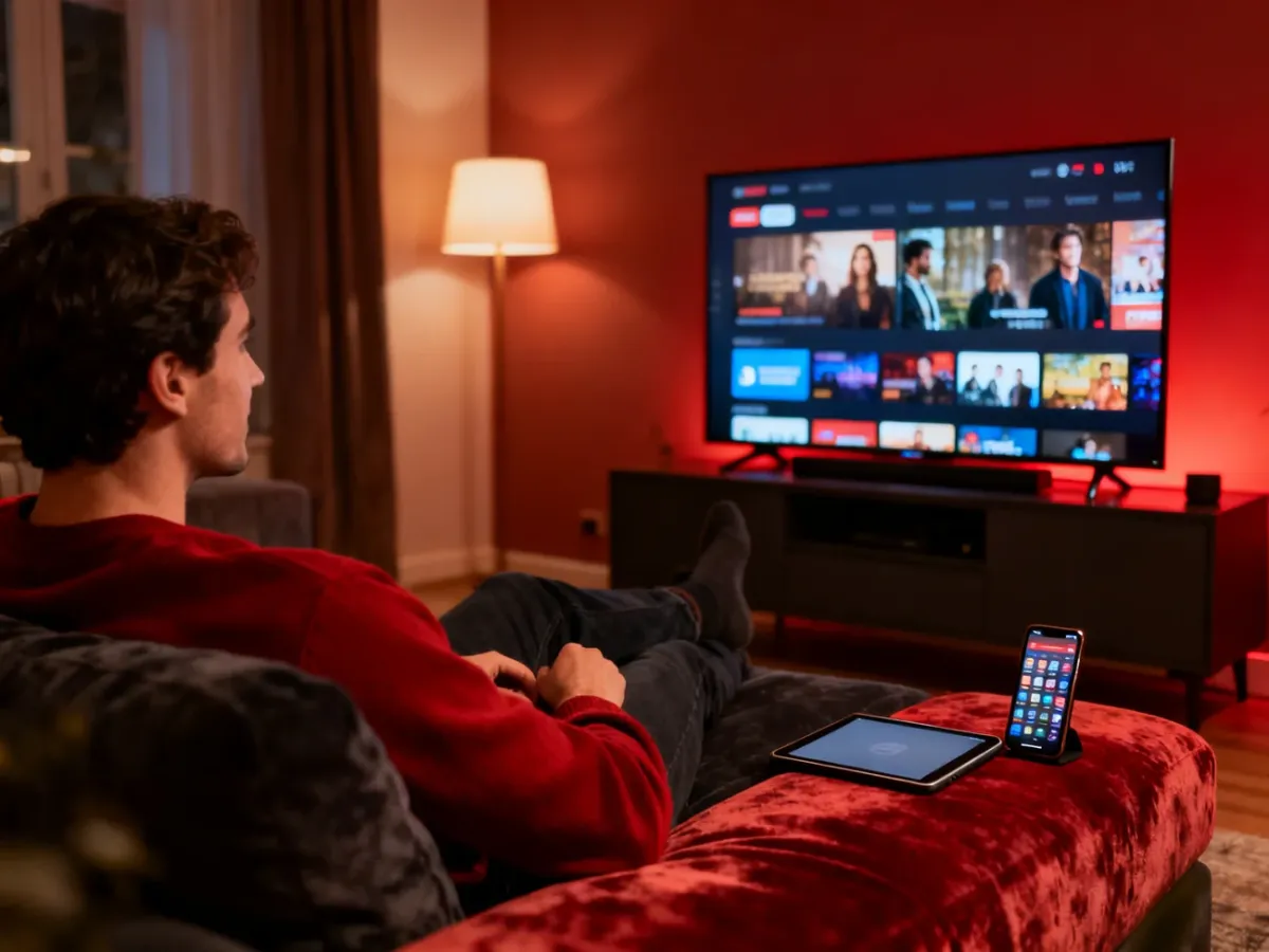 Osoba oglądająca serwis streamingowy na telewizorze Smart TV z urządzeniami mobilnymi w pobliżu