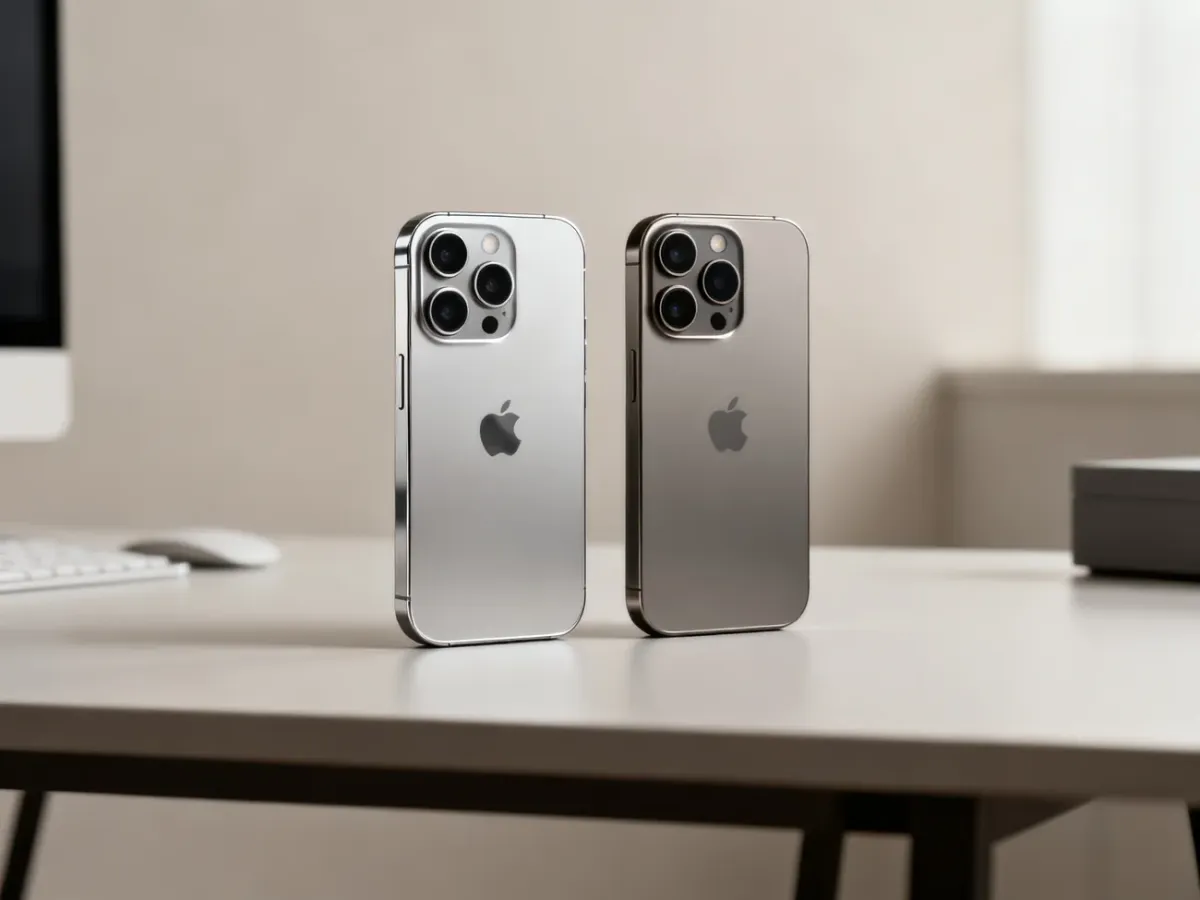 iPhone 15 i iPhone 15 Pro ułożone obok siebie na minimalistycznym biurku