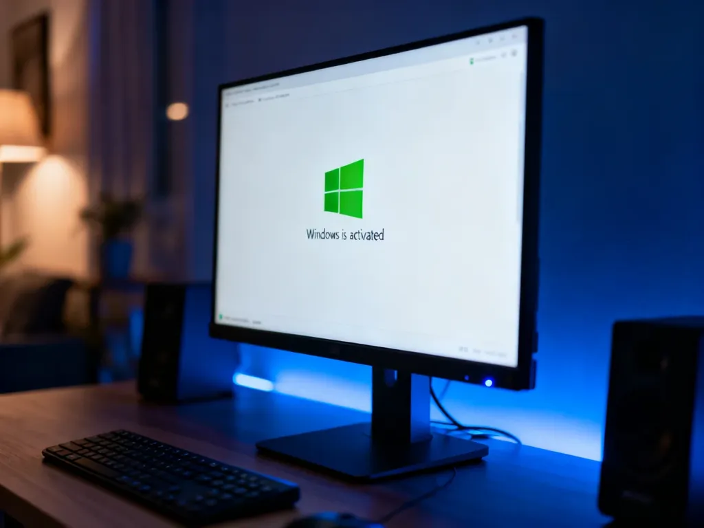 Ekran monitora z widocznym statusem aktywacji systemu Windows w przytulnym domowym biurze.