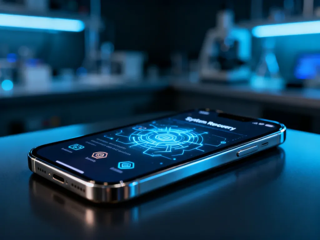 Nowoczesny smartfon z wyświetlonym menu odzyskiwania systemu w profesjonalnym, technologicznym otoczeniu.