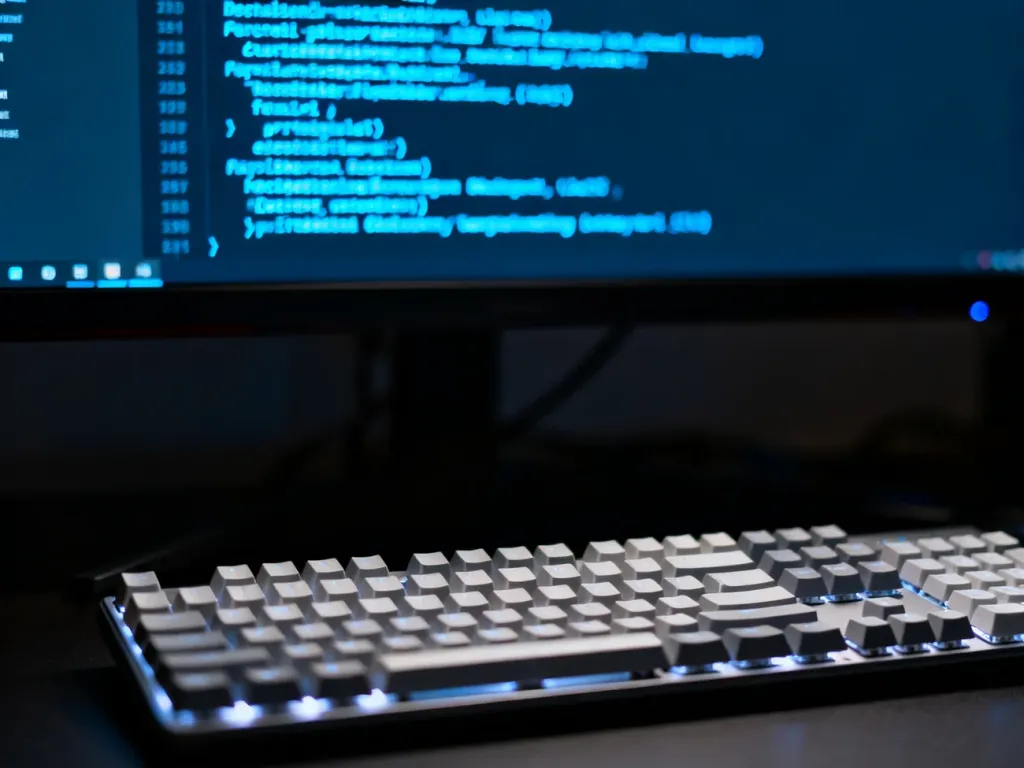 Monitor wyświetlający kod wiersza poleceń PowerShell oraz mechaniczna klawiatura na biurku programisty.