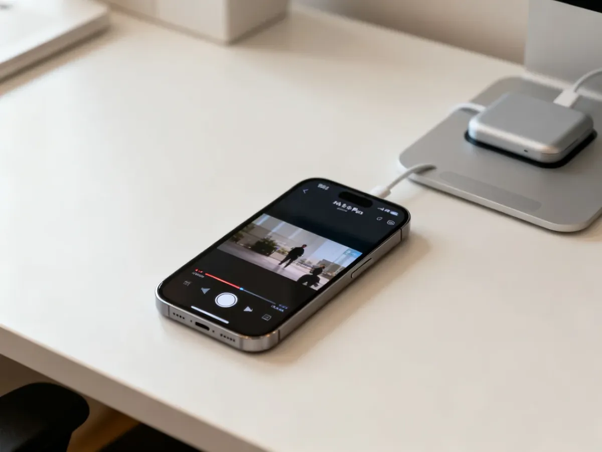 iPhone 14 Plus podczas odtwarzania wideo obok ładowarki