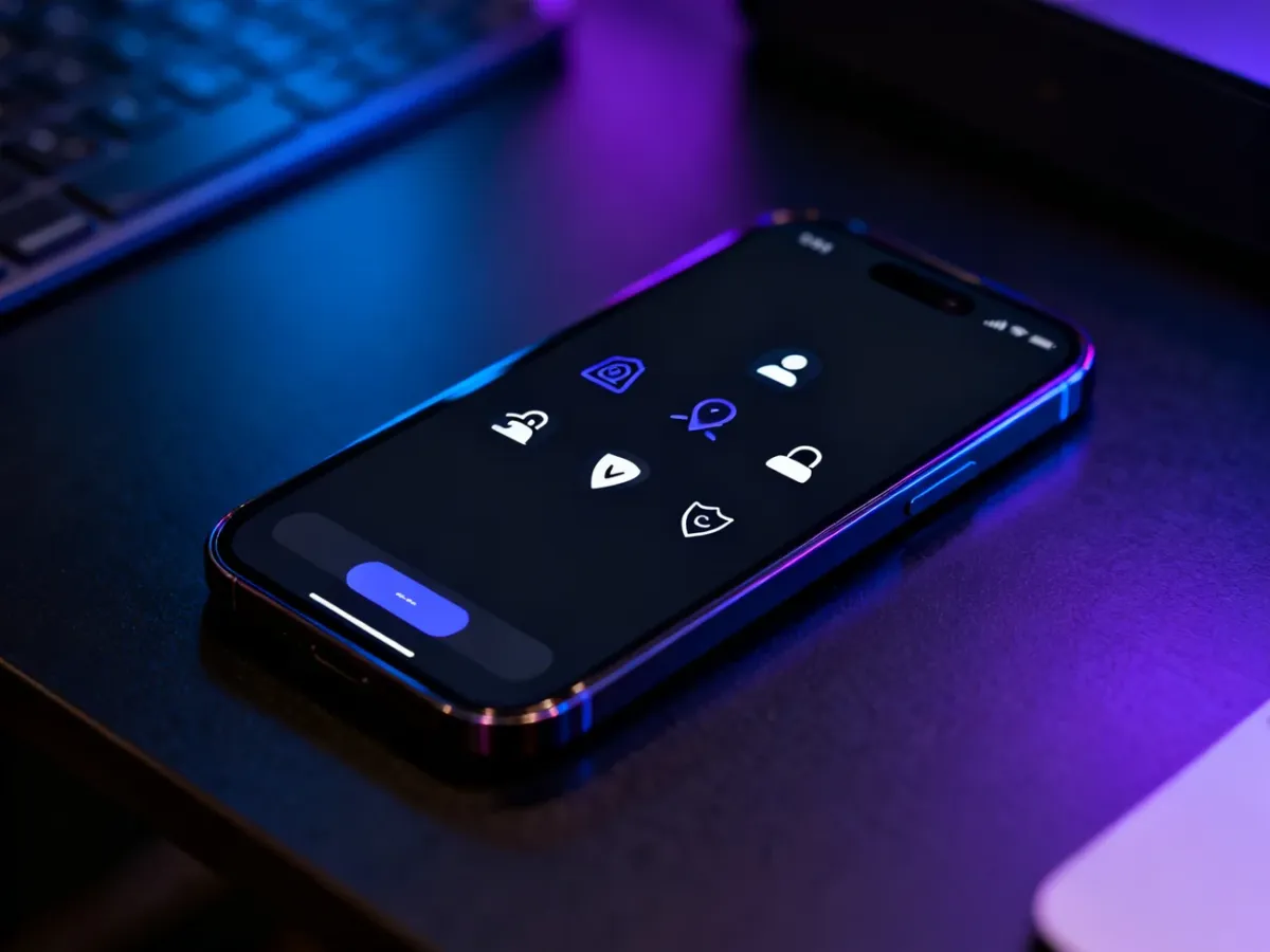 Smartfon z ciemnym interfejsem i symbolami prywatności oraz nawigacji gestami