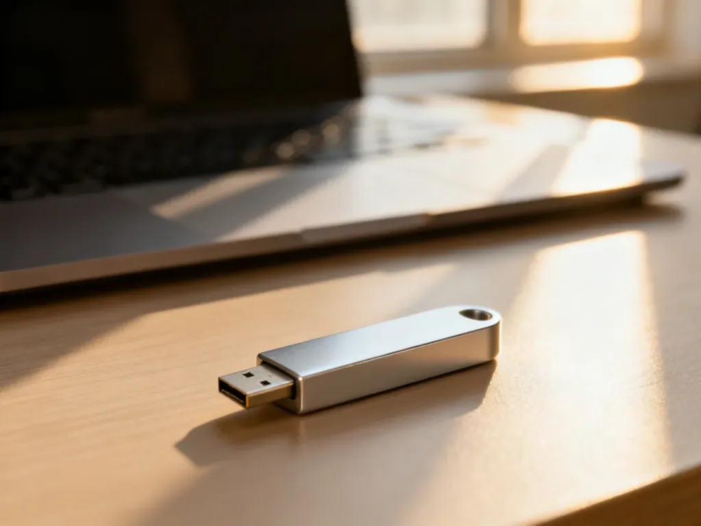 Srebrny pendrive leżący na drewnianym biurku obok laptopa w promieniach porannego słońca.