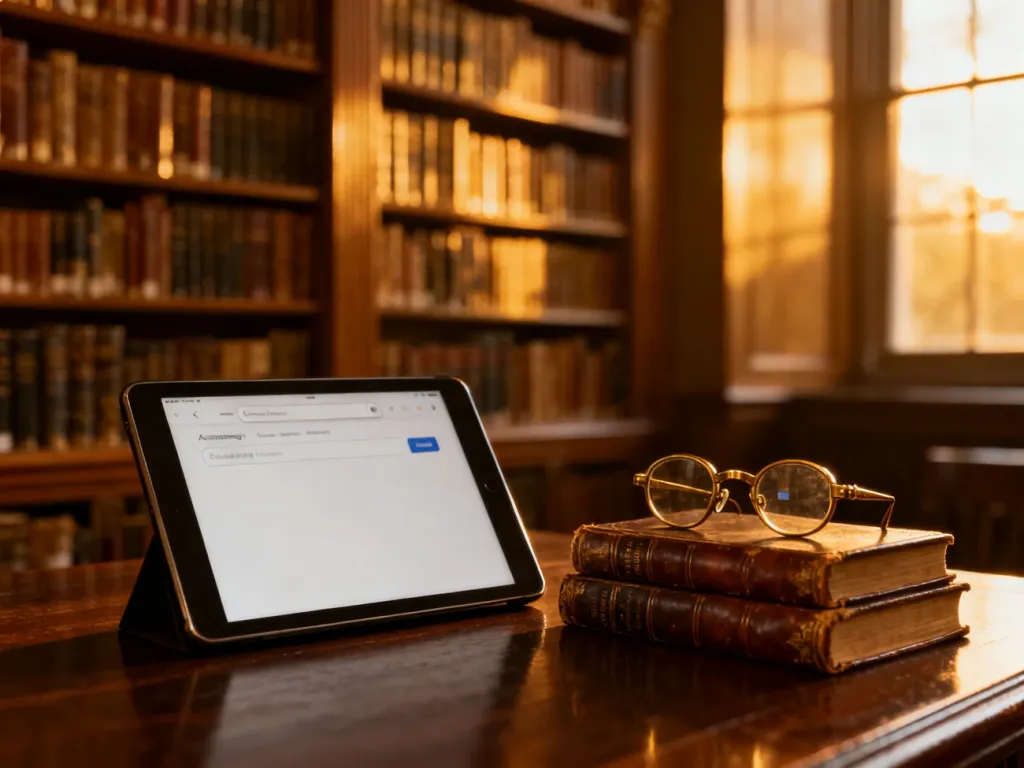 Tablet z wyszukiwarką naukową na tle zabytkowych książek i okularów, symbolizujący nowoczesne podejście do pracy badawczej.