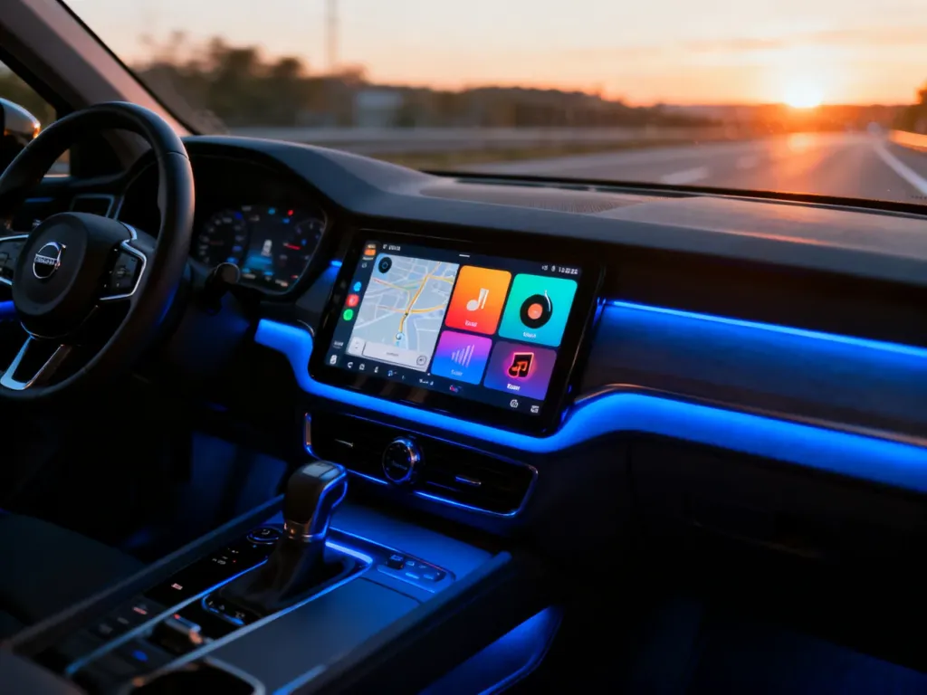 Nowoczesny wyświetlacz samochodowy z interfejsem Android Auto, prezentujący ikony nawigacji i muzyki wewnątrz auta.