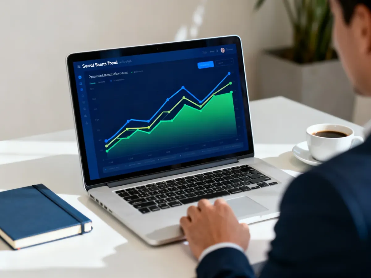 Laptop showing an abstract search trends dashboard on a marketer’s desk