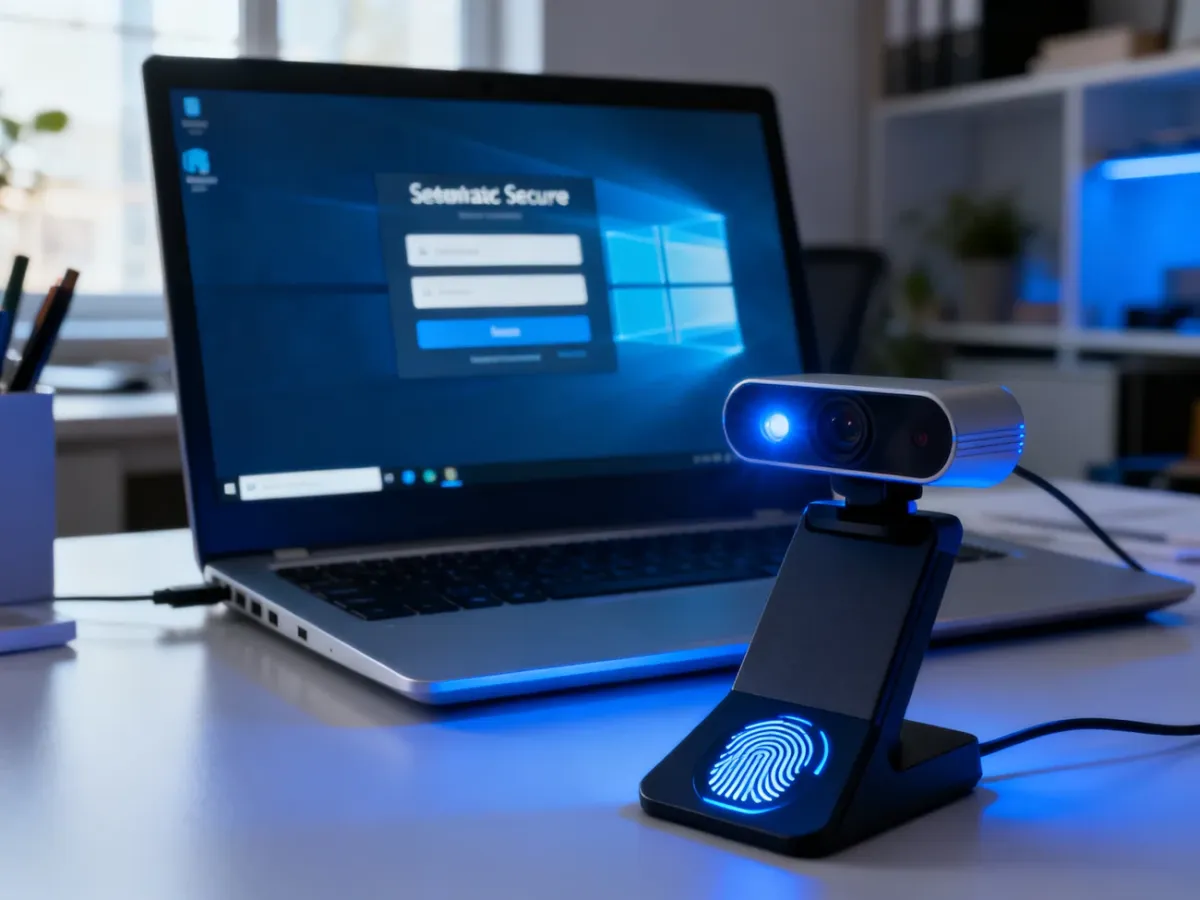 Laptop z kamerą podczerwieni i czytnikiem linii papilarnych do logowania biometrycznego