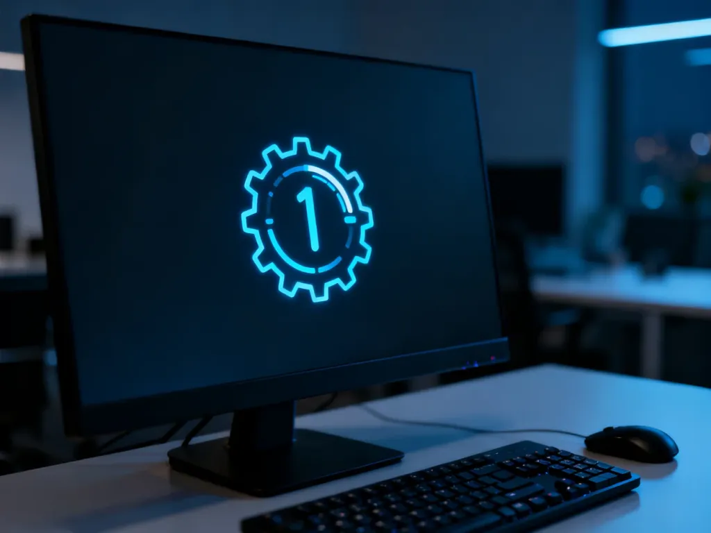 Nowoczesne stanowisko komputerowe z podświetlaną ikoną systemu na monitorze, symbolizujące przygotowanie do zmiany oprogramowania.