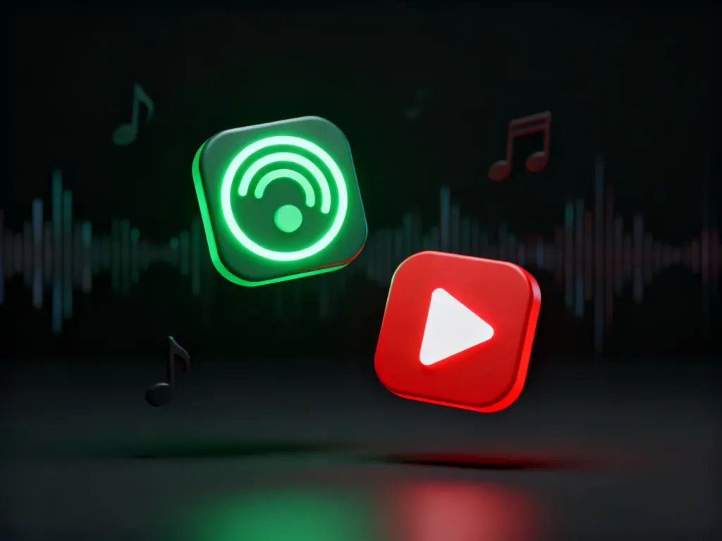 Świecące ikony Spotify i YouTube Music w nowoczesnej, neonowej oprawie, symbolizujące porównanie serwisów streamingowych.