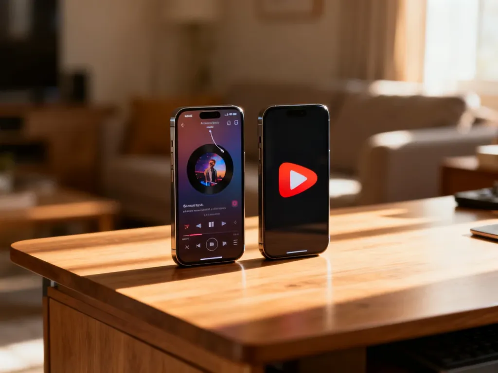 Dwa smartfony na drewnianym biurku, prezentujące interfejsy serwisów muzycznych i wideo w ramach porównania usług.