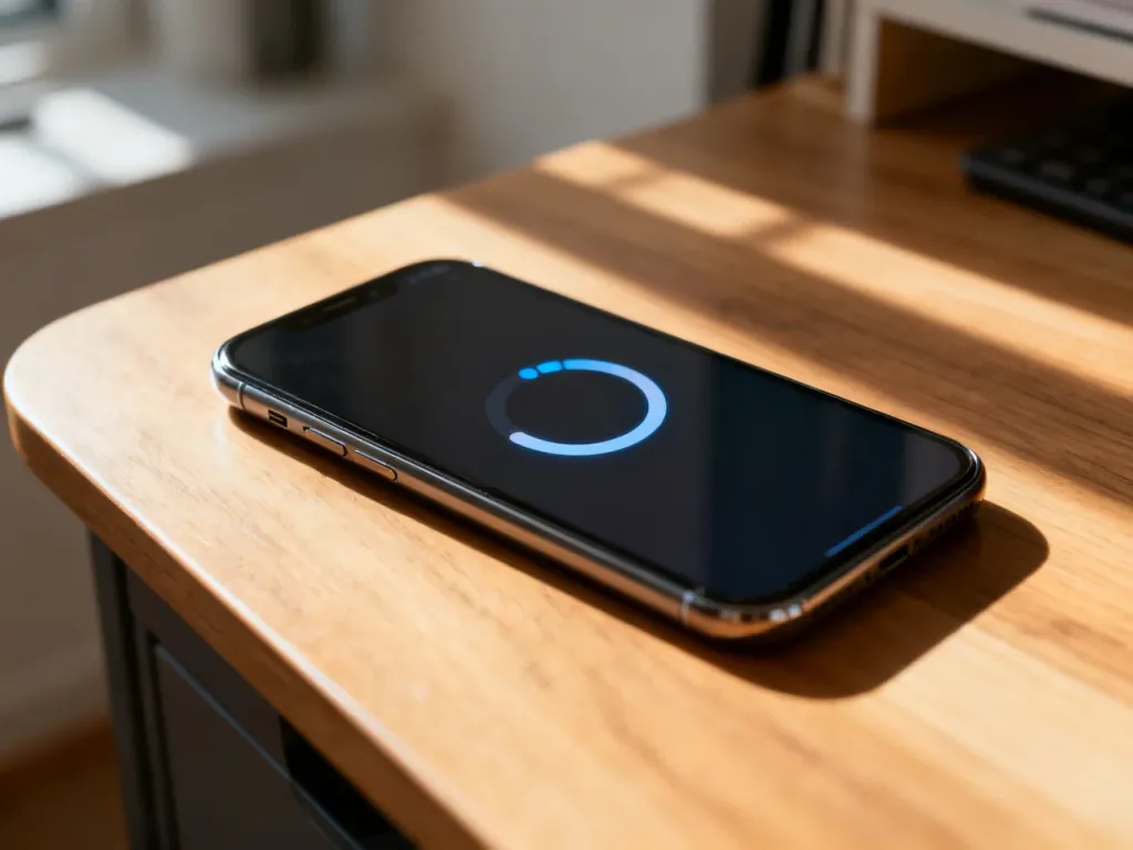 Nowoczesny smartfon leżący na biurku z ikoną ładowania na ekranie, symbolizującą zawieszony system urządzenia.