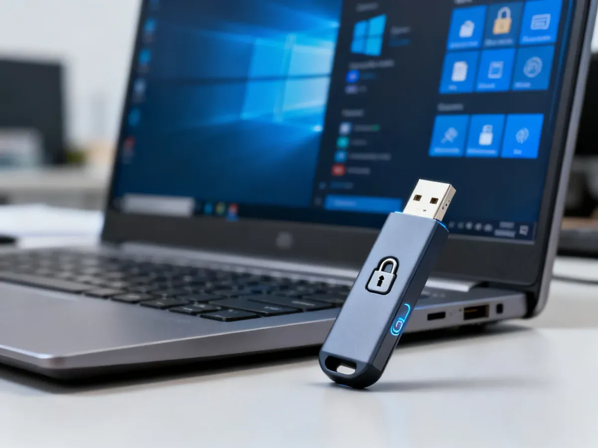 Pendrive obok komputera podczas diagnozowania ochrony przed zapisem