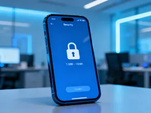 Nowoczesny smartfon iPhone 15 Pro Max na ciemnym, błyszczącym podłożu w profesjonalnym oświetleniu studyjnym.