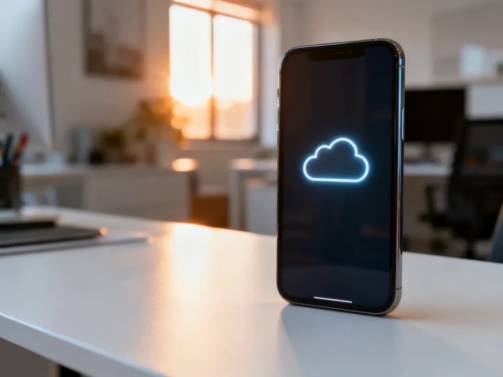 Nowoczesny smartfon z ikoną chmury na ekranie, symbolizujący synchronizację danych w usłudze iCloud Drive.
