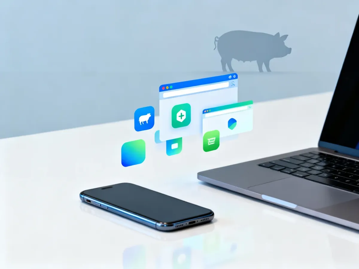 Smartfon i laptop symbolizujące aplikacje oraz subtelna sylwetka świni nawiązująca do weterynaryjnego znaczenia skrótu APP