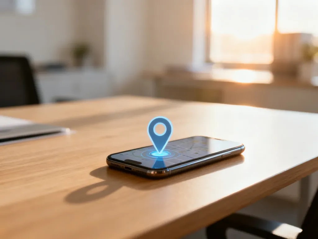 Smartfon z ikoną pinezki mapy na biurku, symbolizujący lokalną widoczność firmy w wyszukiwarce Google.