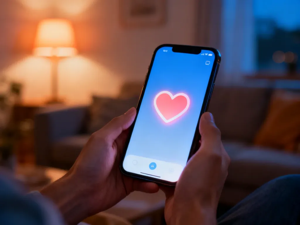 Smartfon z ikoną serca na ekranie, symbolizujący korzystanie z funkcji Facebook Randki w przytulnym wnętrzu.