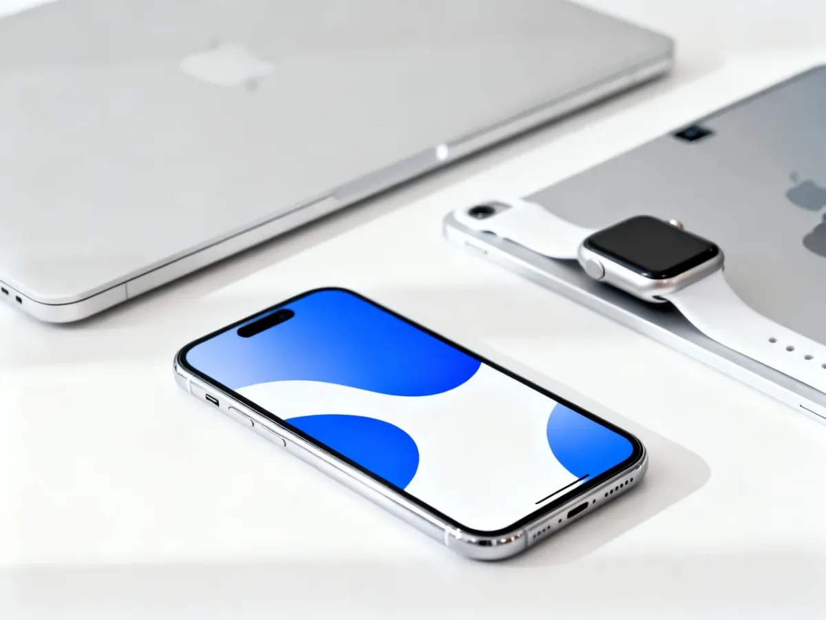 iPhone otoczony urządzeniami Apple tworzącymi spójny ekosystem
