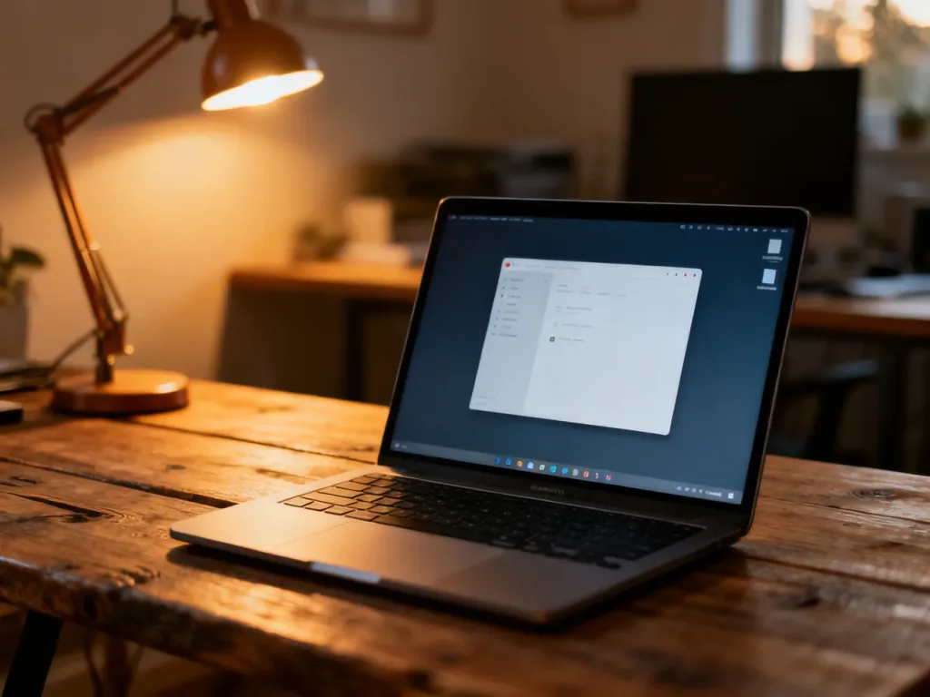 Nowoczesny laptop z minimalistycznym interfejsem systemu operacyjnego na drewnianym biurku w przytulnym domowym biurze.