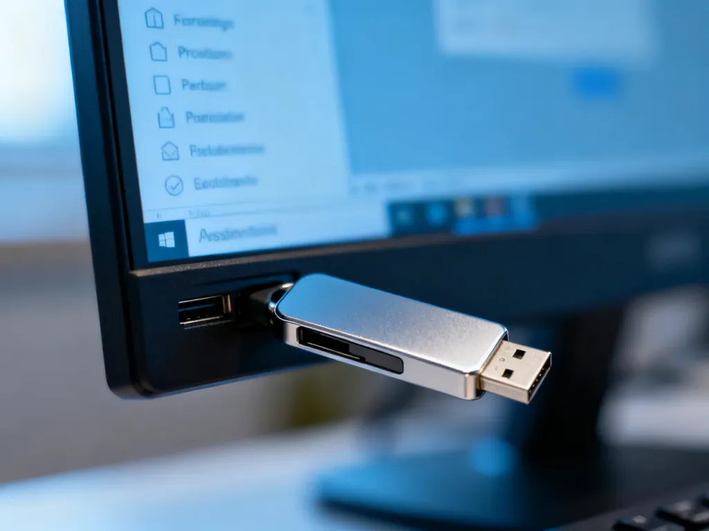 Nowoczesny pendrive wpięty do portu komputera z widocznymi w tle ustawieniami systemu Windows.