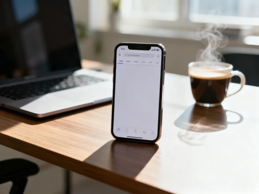 Nowoczesny smartfon z minimalistycznym interfejsem przeglądarki internetowej na ekranie, ustawiony na biurku w biurze.