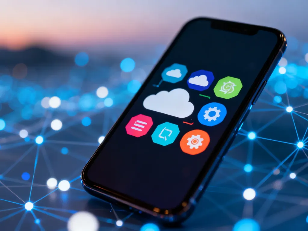 Ekran smartfona z ikonami usług chmurowych na tle cyfrowej sieci, symbolizujący aktualizacje i działanie usług Google Play.