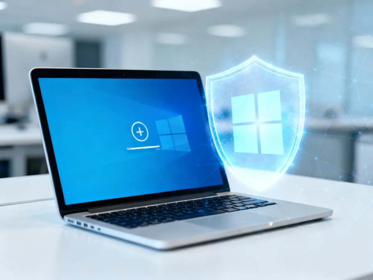 Laptop displaying a Windows update process with a protective security shield